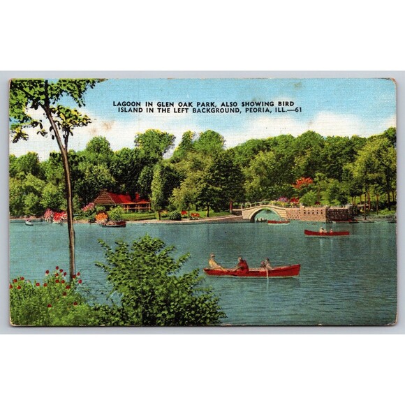 Postcard Illinois Peoria Glen Oak Park Lagoon Bird island Boats Lake Linen 1950 - Picture 1 of 2